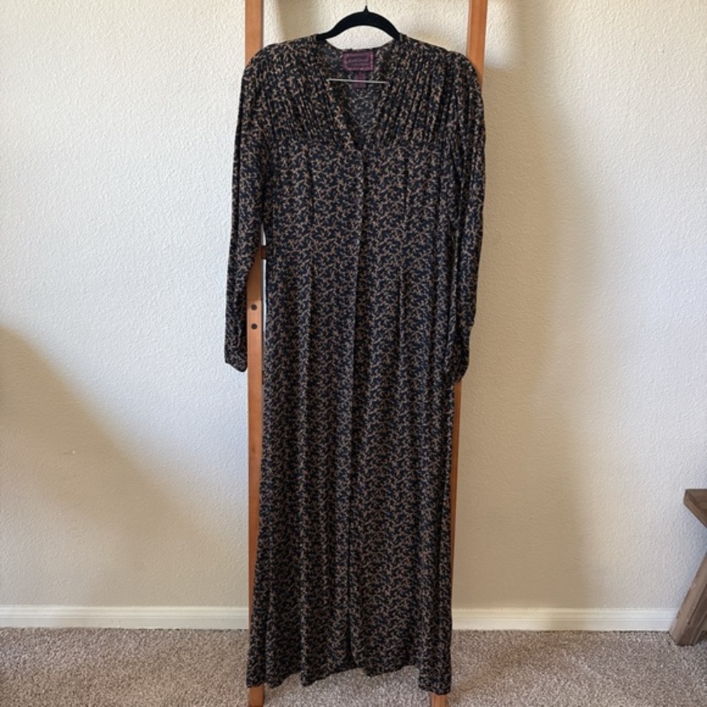Vintage 1990s April Cornell Elegant Black and Brown Patterned Maxi Dress